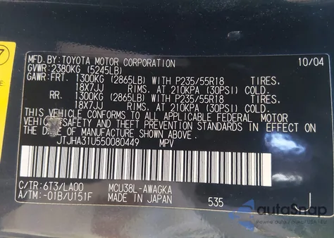 2005 Lexus Rx 330 from USA, damaged, VIN JTJHA31U550080449